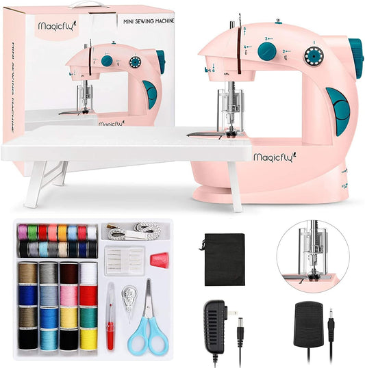 Mini Sewing Machine with Extension Table, Dual Speed Portable Sewing Machine for Beginners with Light, Sewing Kit for Household Use, Pink