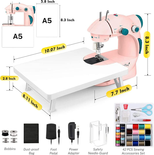 Mini Sewing Machine with Extension Table, Dual Speed Portable Sewing Machine for Beginners with Light, Sewing Kit for Household Use, Pink