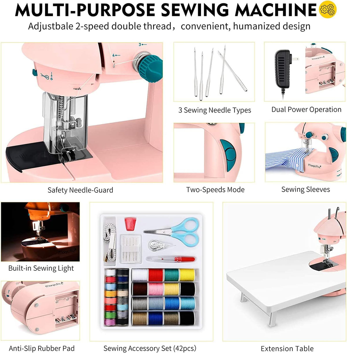 Mini Sewing Machine with Extension Table, Dual Speed Portable Sewing Machine for Beginners with Light, Sewing Kit for Household Use, Pink