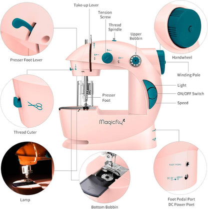 Mini Sewing Machine with Extension Table, Dual Speed Portable Sewing Machine for Beginners with Light, Sewing Kit for Household Use, Pink