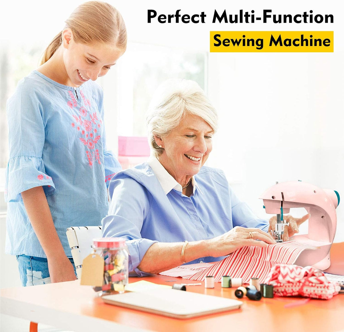 Mini Sewing Machine with Extension Table, Dual Speed Portable Sewing Machine for Beginners with Light, Sewing Kit for Household Use, Pink