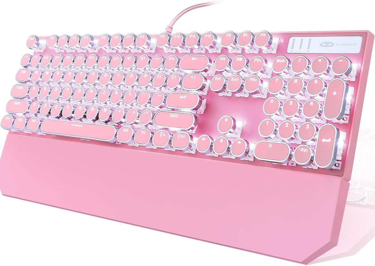 Typewriter Style Mechanical Gaming Keyboard, Pink Retro Punk Gaming Keyboard with White Backlit, 104 Keys Blue Switch Wired Cute Keyboards, Round Keycaps for Windows/Mac/PC