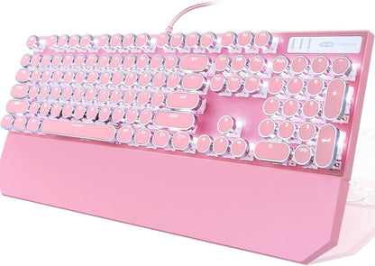 Typewriter Style Mechanical Gaming Keyboard, Pink Retro Punk Gaming Keyboard with White Backlit, 104 Keys Blue Switch Wired Cute Keyboards, Round Keycaps for Windows/Mac/PC