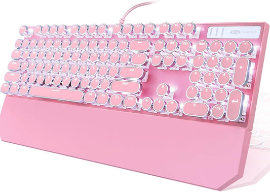 Typewriter Style Mechanical Gaming Keyboard, Pink Retro Punk Gaming Keyboard with White Backlit, 104 Keys Blue Switch Wired Cute Keyboards, Round Keycaps for Windows/Mac/PC