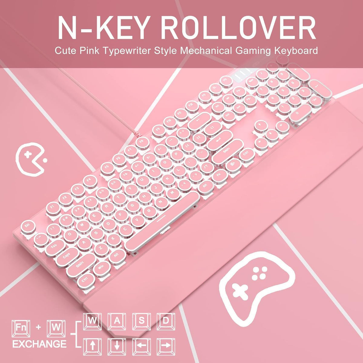 Typewriter Style Mechanical Gaming Keyboard, Pink Retro Punk Gaming Keyboard with White Backlit, 104 Keys Blue Switch Wired Cute Keyboards, Round Keycaps for Windows/Mac/PC
