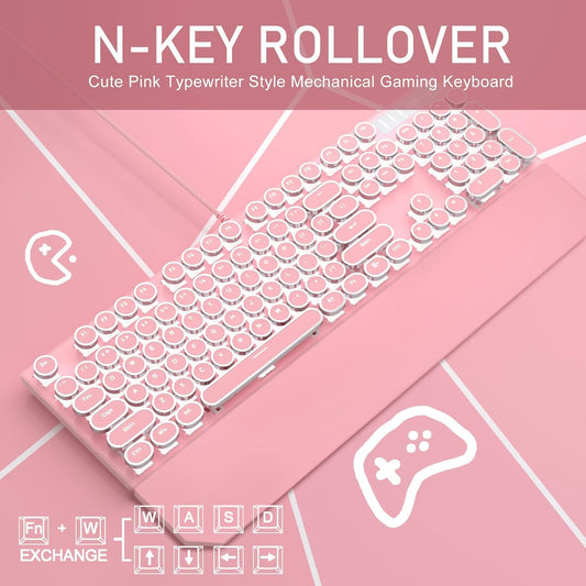 Typewriter Style Mechanical Gaming Keyboard, Pink Retro Punk Gaming Keyboard with White Backlit, 104 Keys Blue Switch Wired Cute Keyboards, Round Keycaps for Windows/Mac/PC