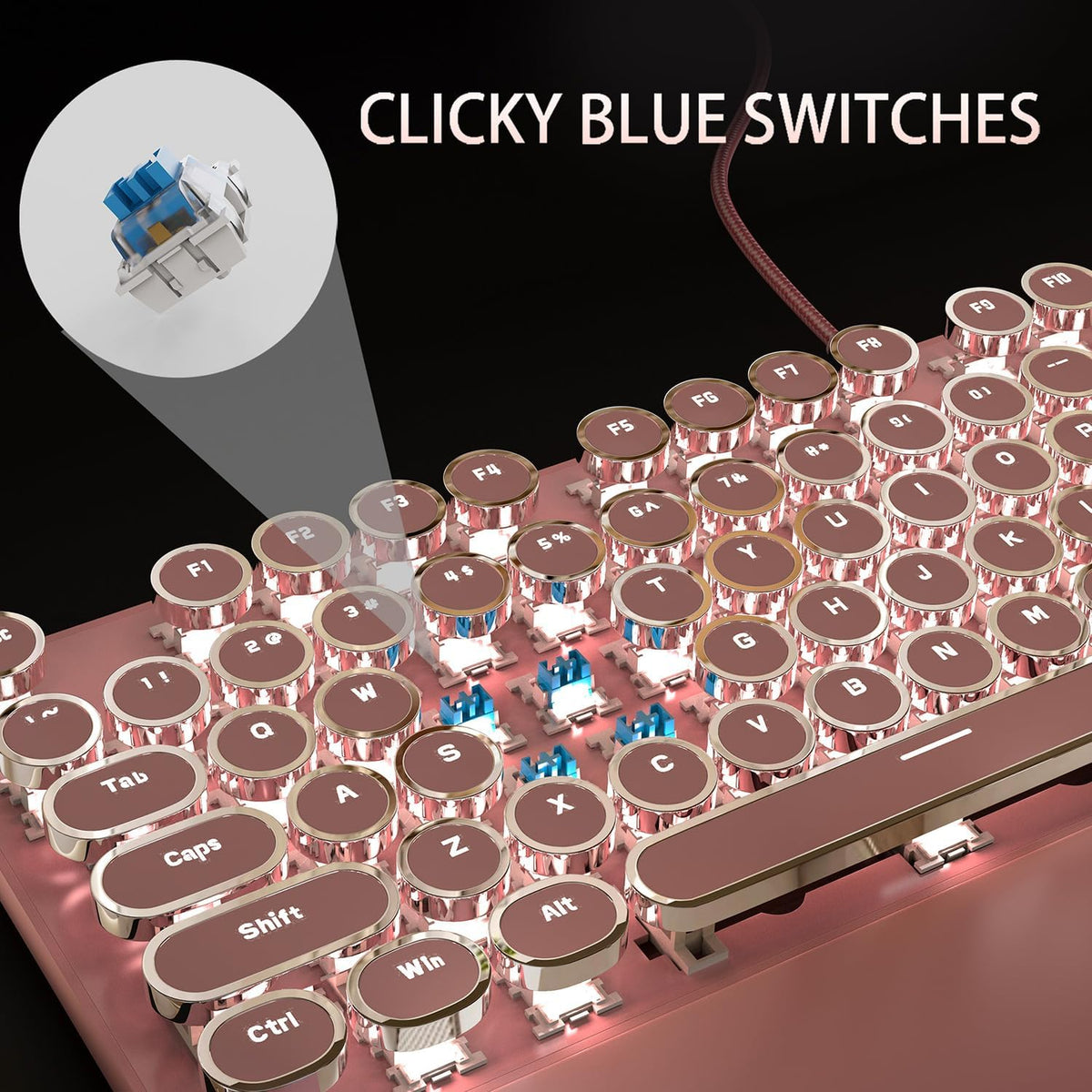 Typewriter Style Mechanical Gaming Keyboard, Pink Retro Punk Gaming Keyboard with White Backlit, 104 Keys Blue Switch Wired Cute Keyboards, Round Keycaps for Windows/Mac/PC