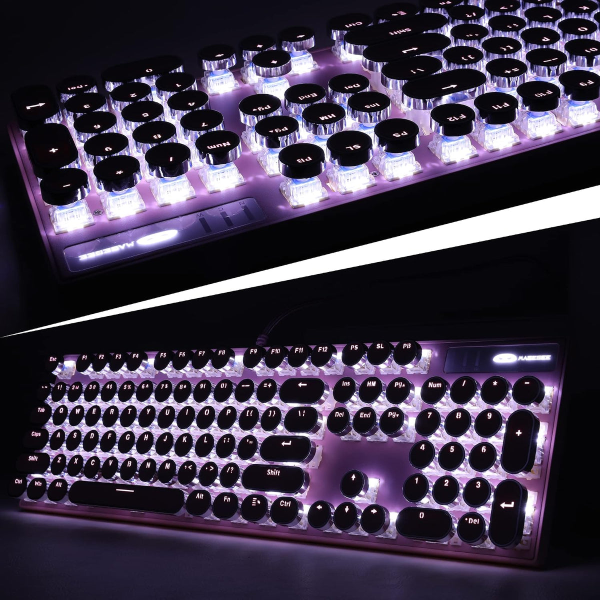 Typewriter Style Mechanical Gaming Keyboard, Pink Retro Punk Gaming Keyboard with White Backlit, 104 Keys Blue Switch Wired Cute Keyboards, Round Keycaps for Windows/Mac/PC