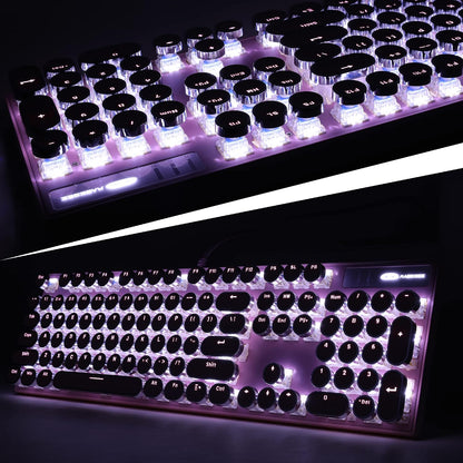 Typewriter Style Mechanical Gaming Keyboard, Pink Retro Punk Gaming Keyboard with White Backlit, 104 Keys Blue Switch Wired Cute Keyboards, Round Keycaps for Windows/Mac/PC