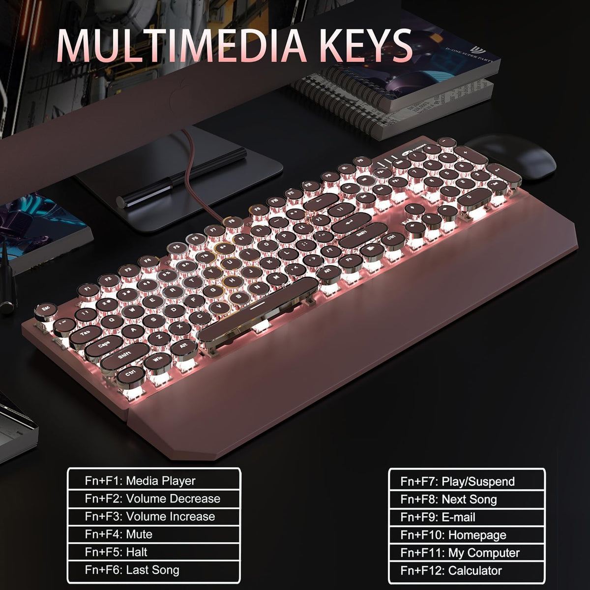 Typewriter Style Mechanical Gaming Keyboard, Pink Retro Punk Gaming Keyboard with White Backlit, 104 Keys Blue Switch Wired Cute Keyboards, Round Keycaps for Windows/Mac/PC