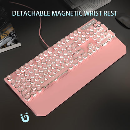 Typewriter Style Mechanical Gaming Keyboard, Pink Retro Punk Gaming Keyboard with White Backlit, 104 Keys Blue Switch Wired Cute Keyboards, Round Keycaps for Windows/Mac/PC