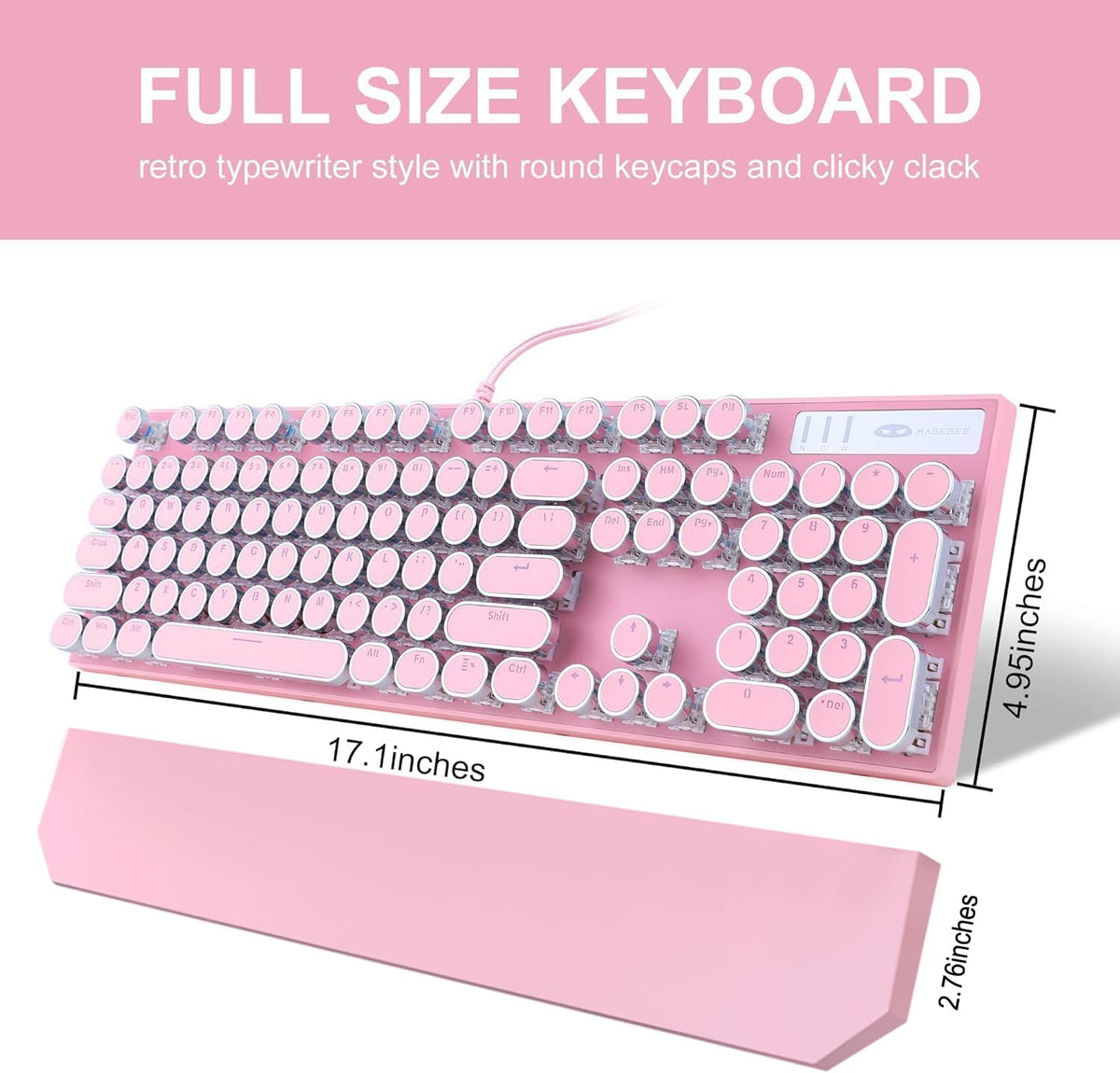 Typewriter Style Mechanical Gaming Keyboard, Pink Retro Punk Gaming Keyboard with White Backlit, 104 Keys Blue Switch Wired Cute Keyboards, Round Keycaps for Windows/Mac/PC