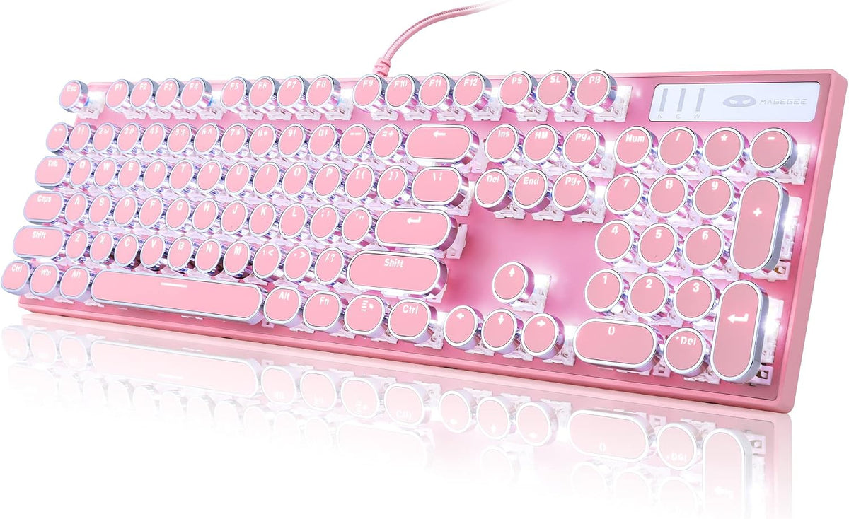 Typewriter Style Mechanical Gaming Keyboard, Pink Retro Punk Gaming Keyboard with White Backlit, 104 Keys Blue Switch Wired Cute Keyboards, Round Keycaps for Windows/Mac/PC