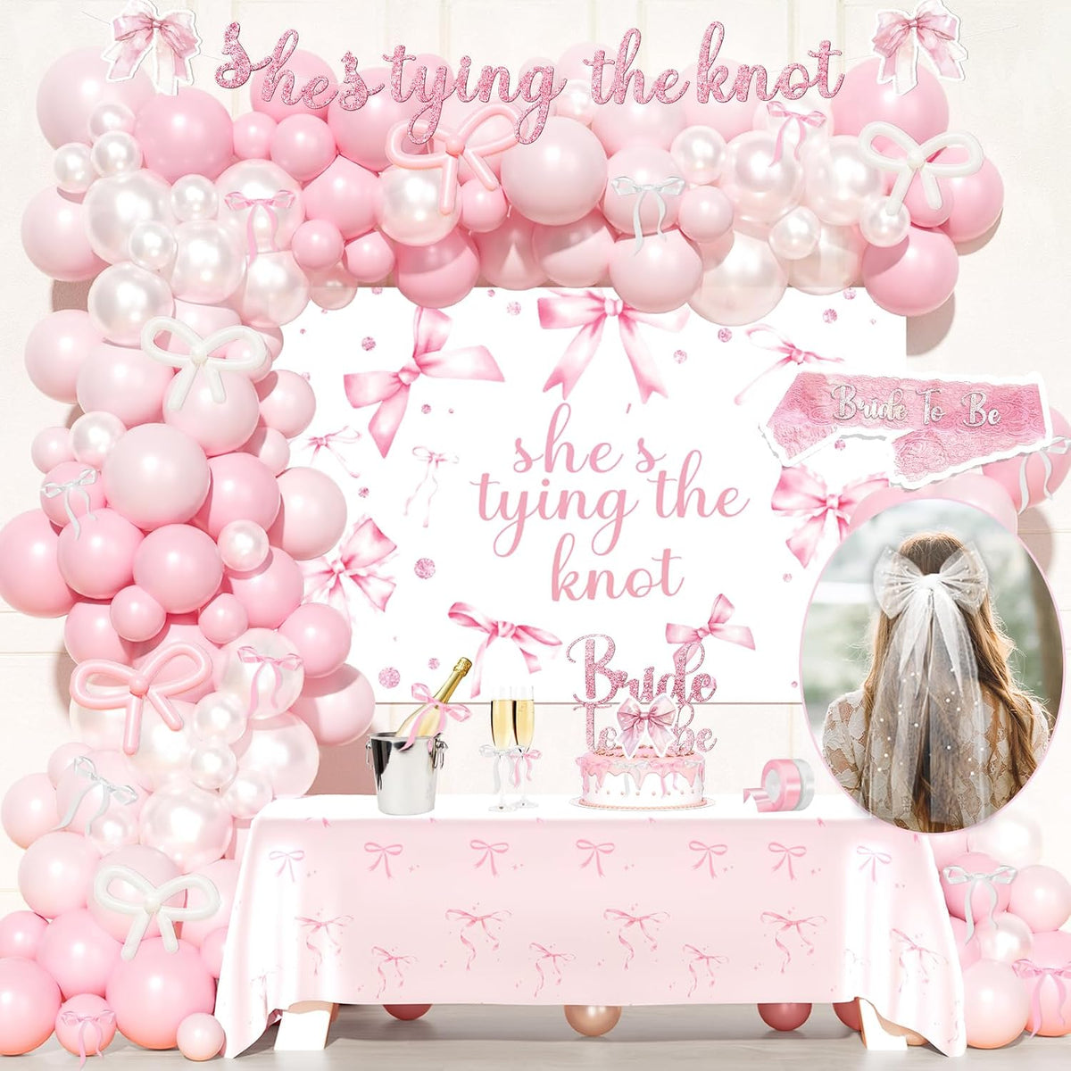 Shes Tying The Knot Bridal Shower Decorations – 108 PCs Pink Bow Party Supplies with Backdrop, Banner, Balloon Garland, Tablecloth, Cake Topper, Sash, Ribbon, Veil