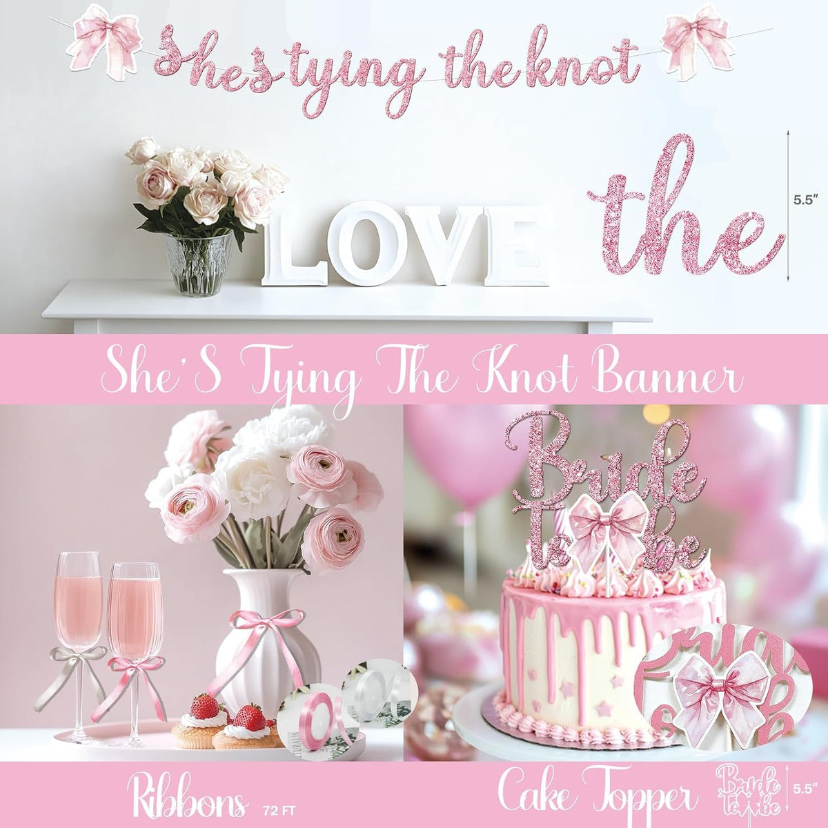 Shes Tying The Knot Bridal Shower Decorations – 108 PCs Pink Bow Party Supplies with Backdrop, Banner, Balloon Garland, Tablecloth, Cake Topper, Sash, Ribbon, Veil