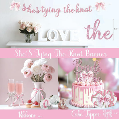 Shes Tying The Knot Bridal Shower Decorations – 108 PCs Pink Bow Party Supplies with Backdrop, Banner, Balloon Garland, Tablecloth, Cake Topper, Sash, Ribbon, Veil