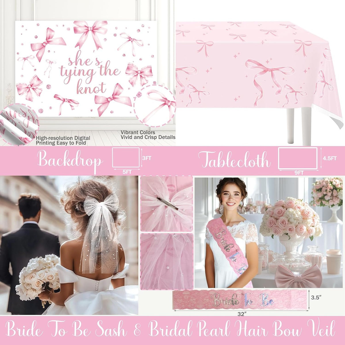 Shes Tying The Knot Bridal Shower Decorations – 108 PCs Pink Bow Party Supplies with Backdrop, Banner, Balloon Garland, Tablecloth, Cake Topper, Sash, Ribbon, Veil