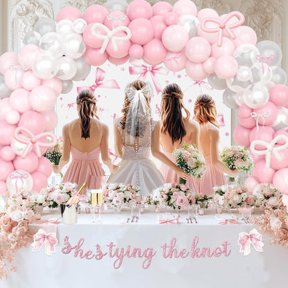 Shes Tying The Knot Bridal Shower Decorations – 108 PCs Pink Bow Party Supplies with Backdrop, Banner, Balloon Garland, Tablecloth, Cake Topper, Sash, Ribbon, Veil