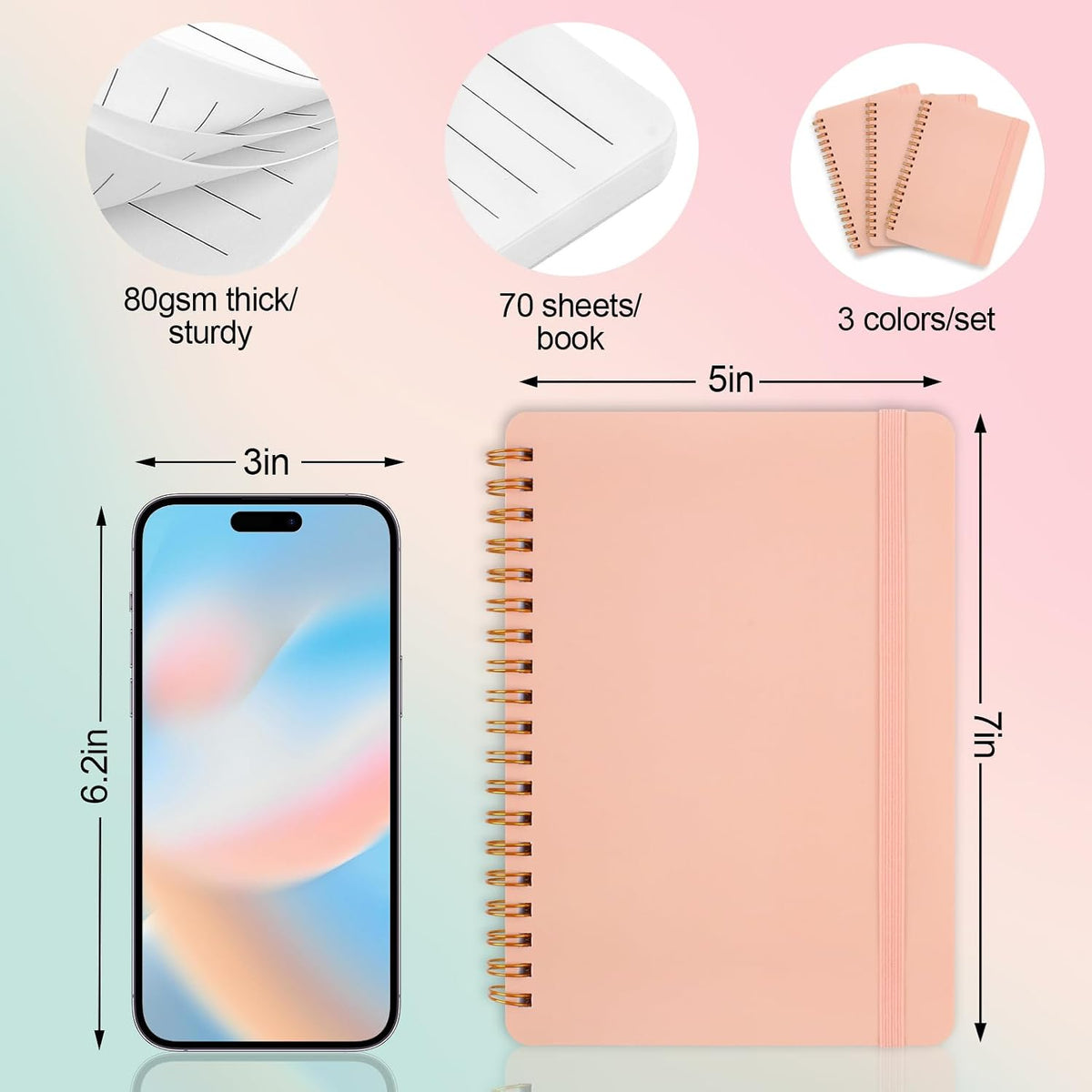 3 PCS Small Spiral Notebook 5x7, Notebooks for Note Taking, Pink Spiral Journal Notebook, Work Notebook Small Notebooks 5x7 with Strap, Cute Notebooks for Women 70 Sheets/Note Books