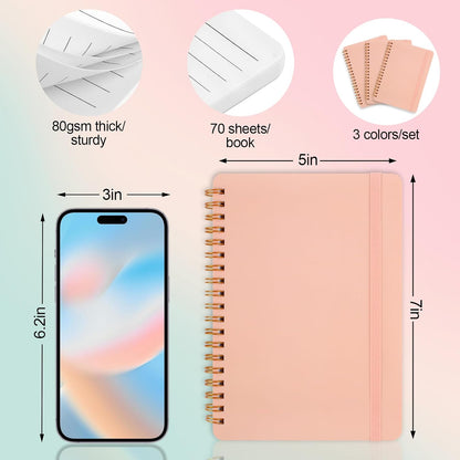 3 PCS Small Spiral Notebook 5x7, Notebooks for Note Taking, Pink Spiral Journal Notebook, Work Notebook Small Notebooks 5x7 with Strap, Cute Notebooks for Women 70 Sheets/Note Books