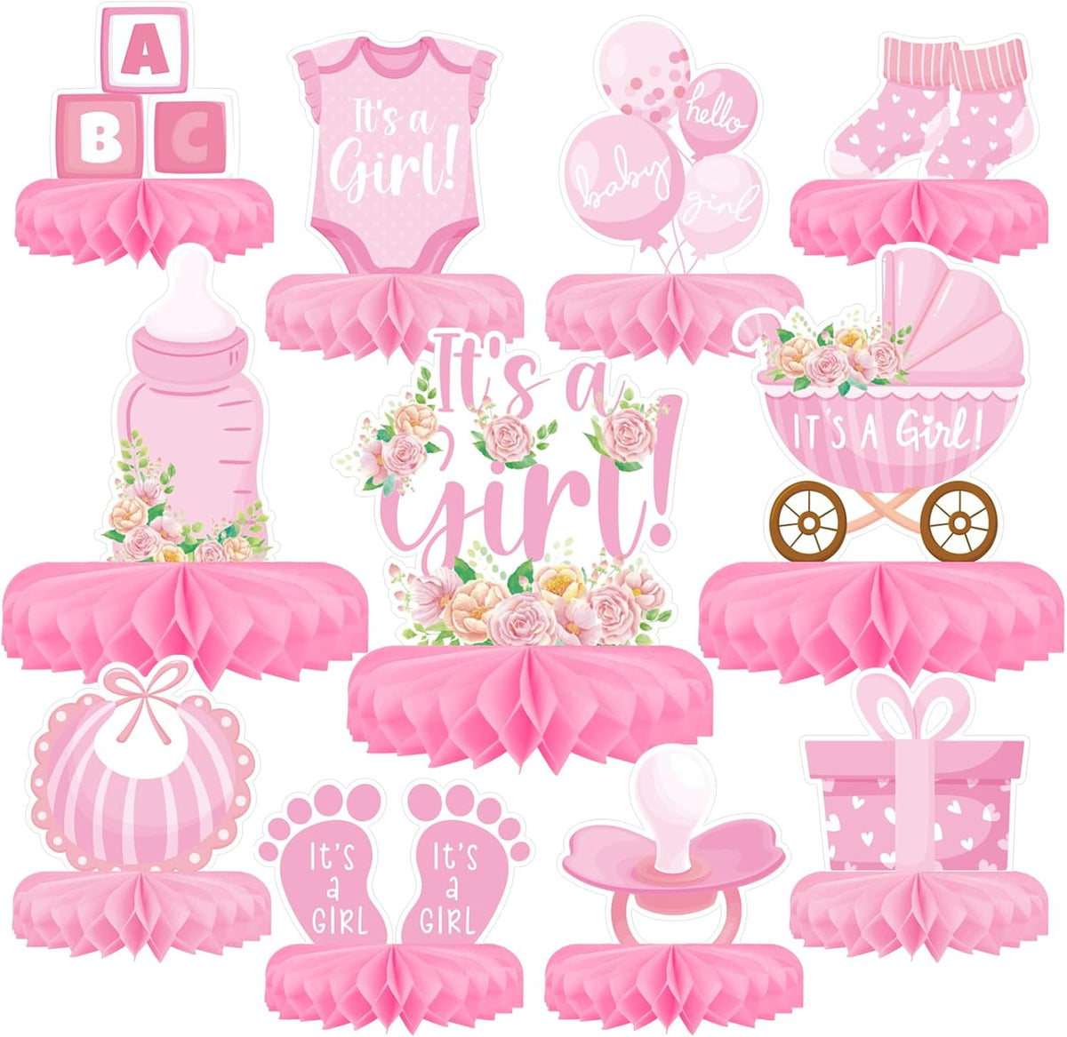 Girl Baby Shower Decorations Set - Kit with Pink Honeycomb Centerpiece, Baby Reveal & Themed Table Decor for the Baby Girl Shower Decorations