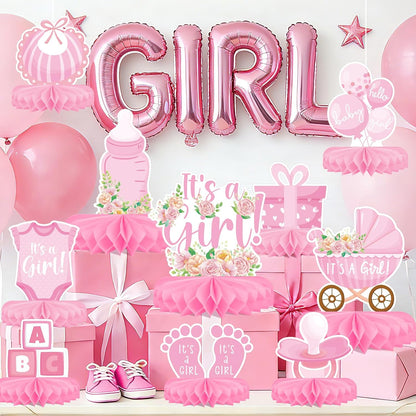 Girl Baby Shower Decorations Set - Kit with Pink Honeycomb Centerpiece, Baby Reveal & Themed Table Decor for the Baby Girl Shower Decorations
