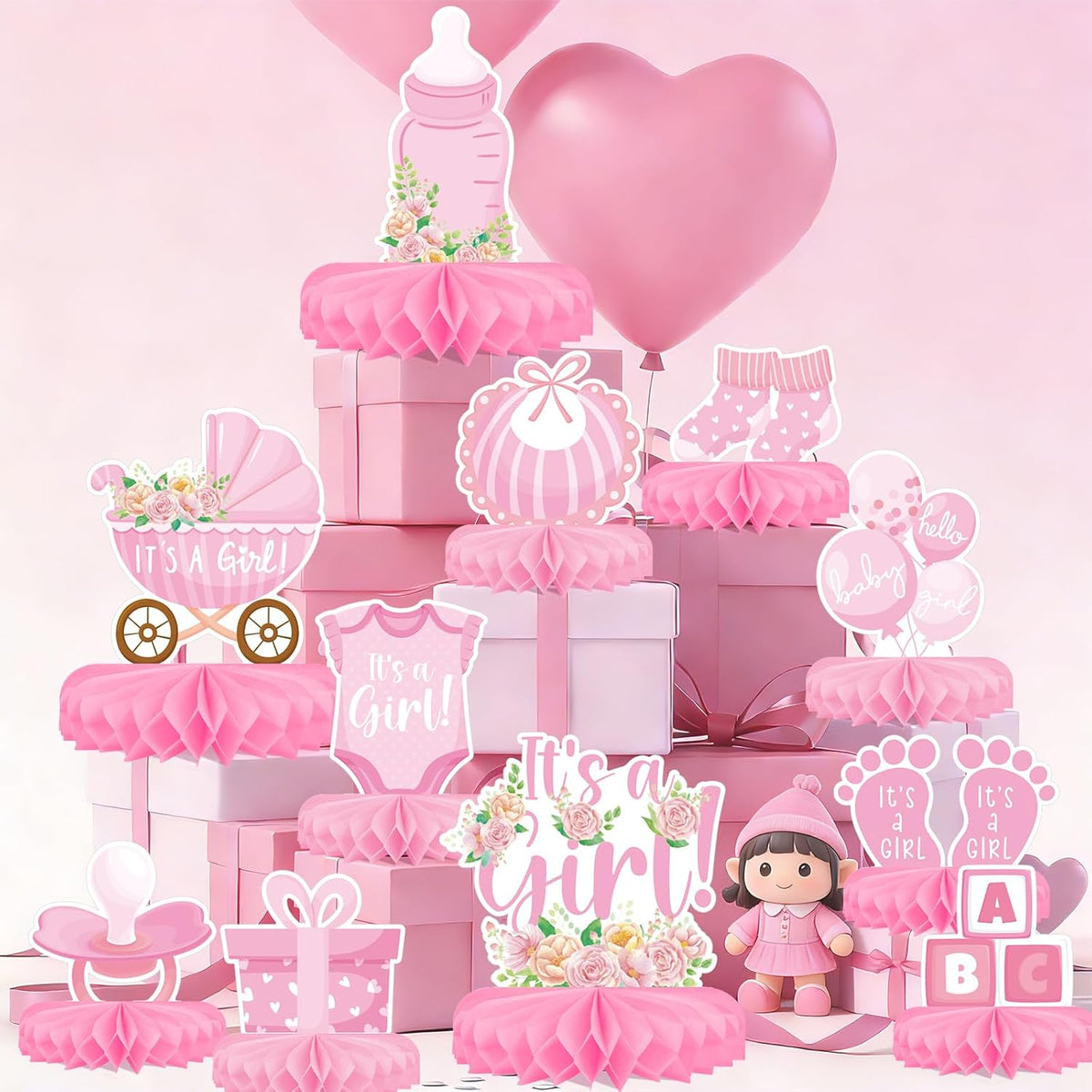 Girl Baby Shower Decorations Set - Kit with Pink Honeycomb Centerpiece, Baby Reveal & Themed Table Decor for the Baby Girl Shower Decorations