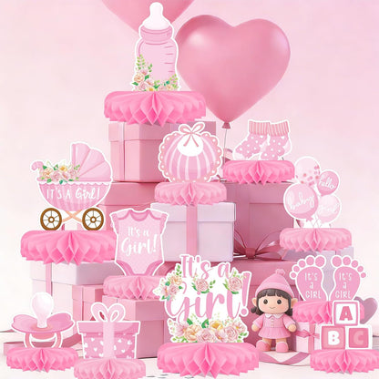 Girl Baby Shower Decorations Set - Kit with Pink Honeycomb Centerpiece, Baby Reveal & Themed Table Decor for the Baby Girl Shower Decorations