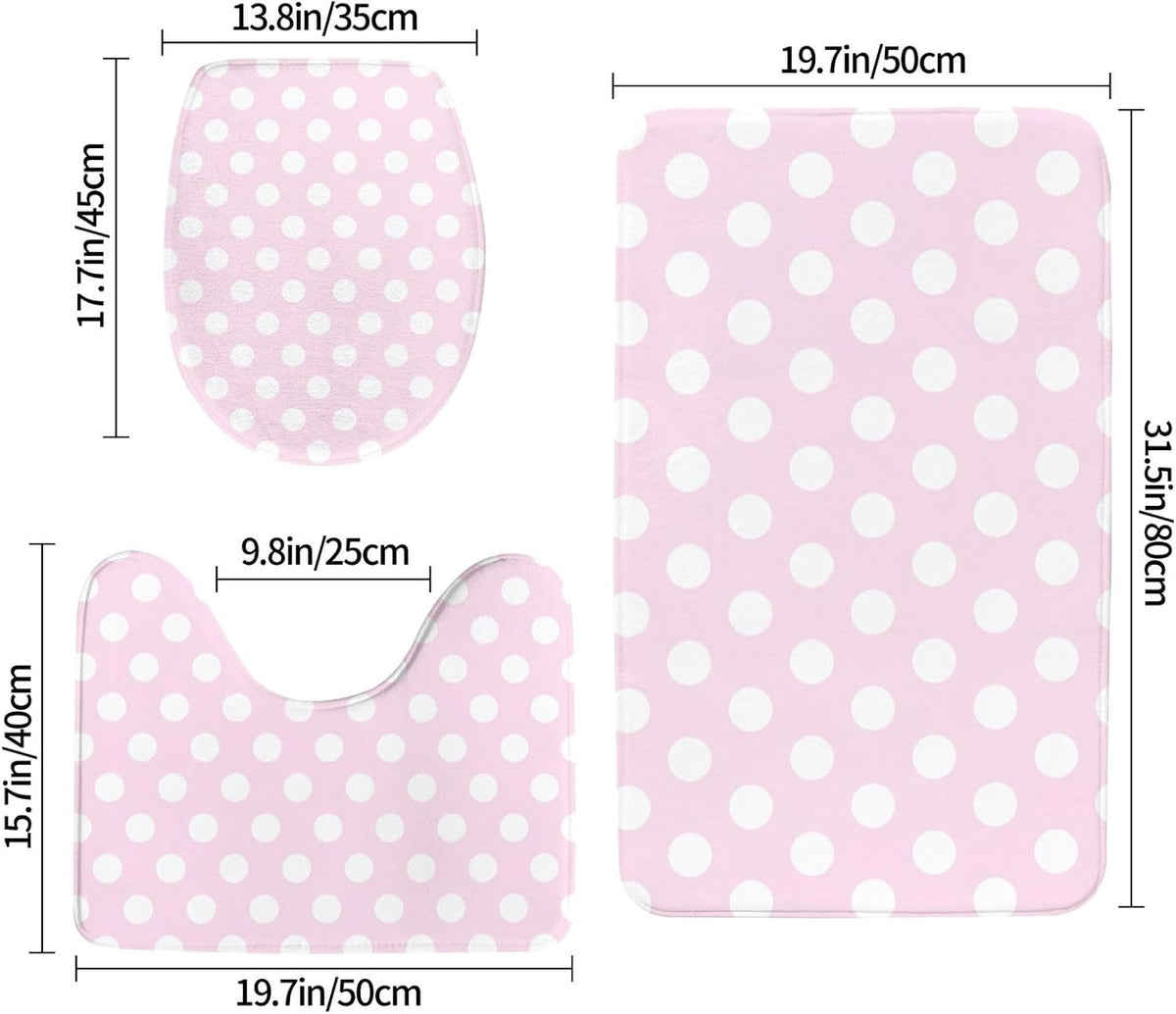 Light Pink Polka Dot Print A Bathroom Rugs Sets 3 Piece - Absorbent Non Slip Washable Bath Mats, U-Shape Toilet Lid Cover, Contour Mat, Soft Shower Mats Bath Rug Mat for Bathroom Toilet Tub