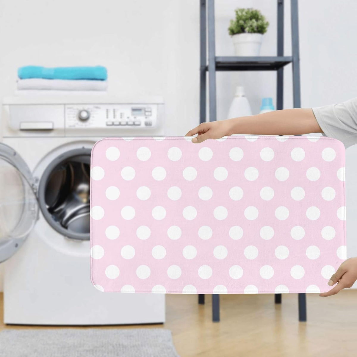 Light Pink Polka Dot Print A Bathroom Rugs Sets 3 Piece - Absorbent Non Slip Washable Bath Mats, U-Shape Toilet Lid Cover, Contour Mat, Soft Shower Mats Bath Rug Mat for Bathroom Toilet Tub