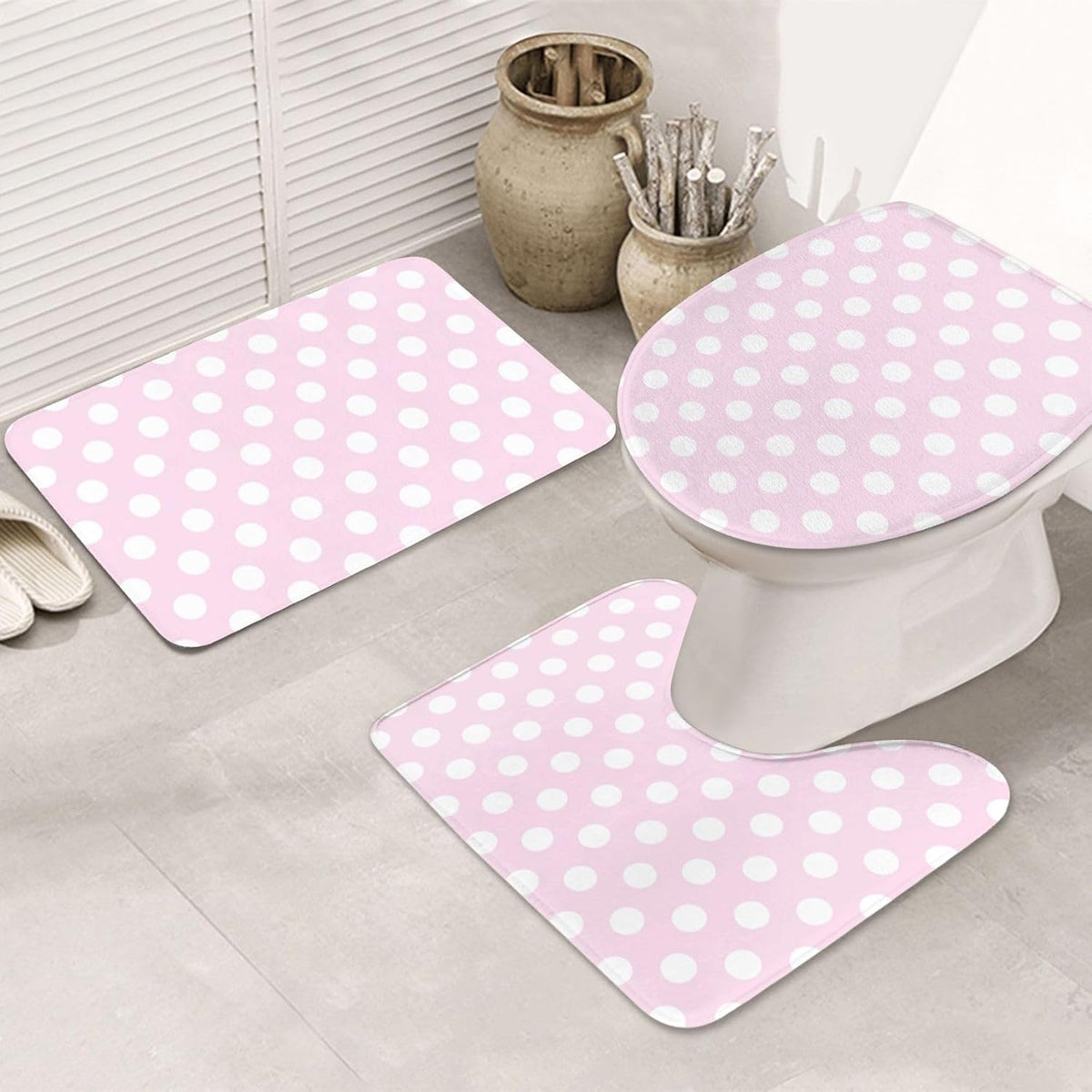 Light Pink Polka Dot Print A Bathroom Rugs Sets 3 Piece - Absorbent Non Slip Washable Bath Mats, U-Shape Toilet Lid Cover, Contour Mat, Soft Shower Mats Bath Rug Mat for Bathroom Toilet Tub