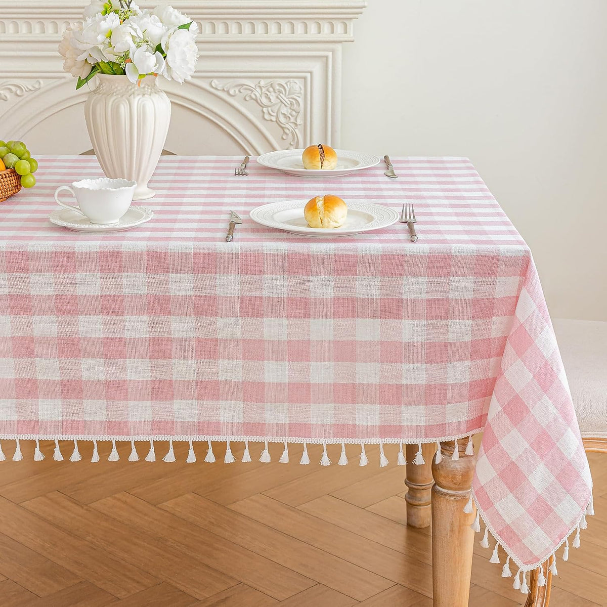 Pink Gingham Tablecloth Rectangle, Cotton Linen Plaid, 55x75 Inch