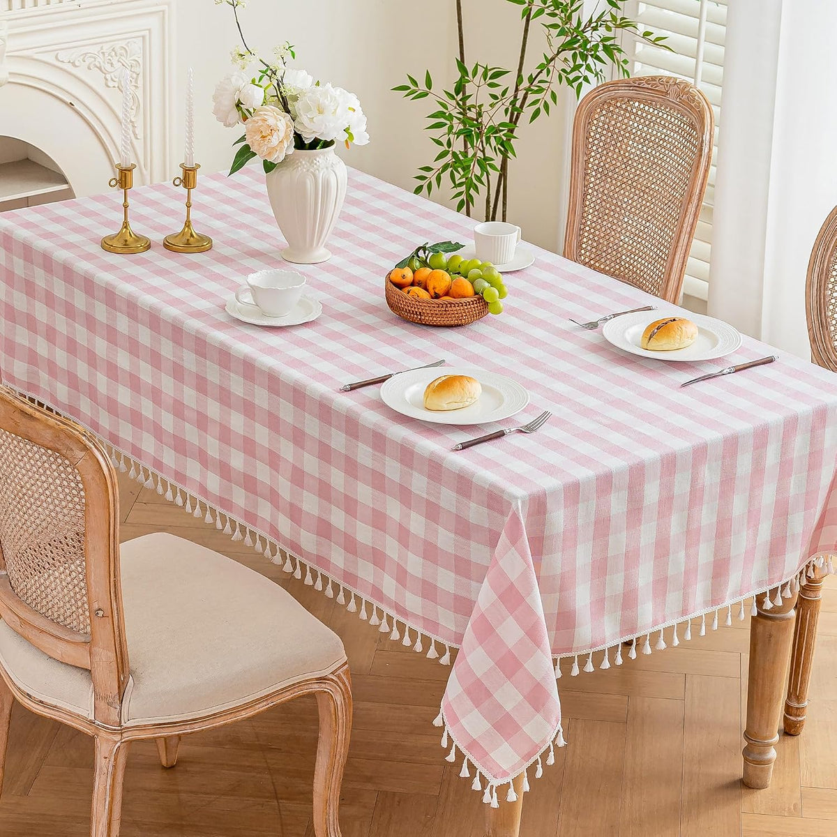 Pink Gingham Tablecloth Rectangle, Cotton Linen Plaid, 55x75 Inch