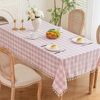 Pink Gingham Tablecloth Rectangle, Cotton Linen Plaid, 55x75 Inch