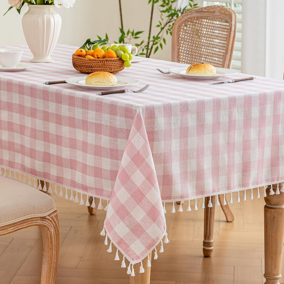 Pink Gingham Tablecloth Rectangle, Cotton Linen Plaid, 55x75 Inch
