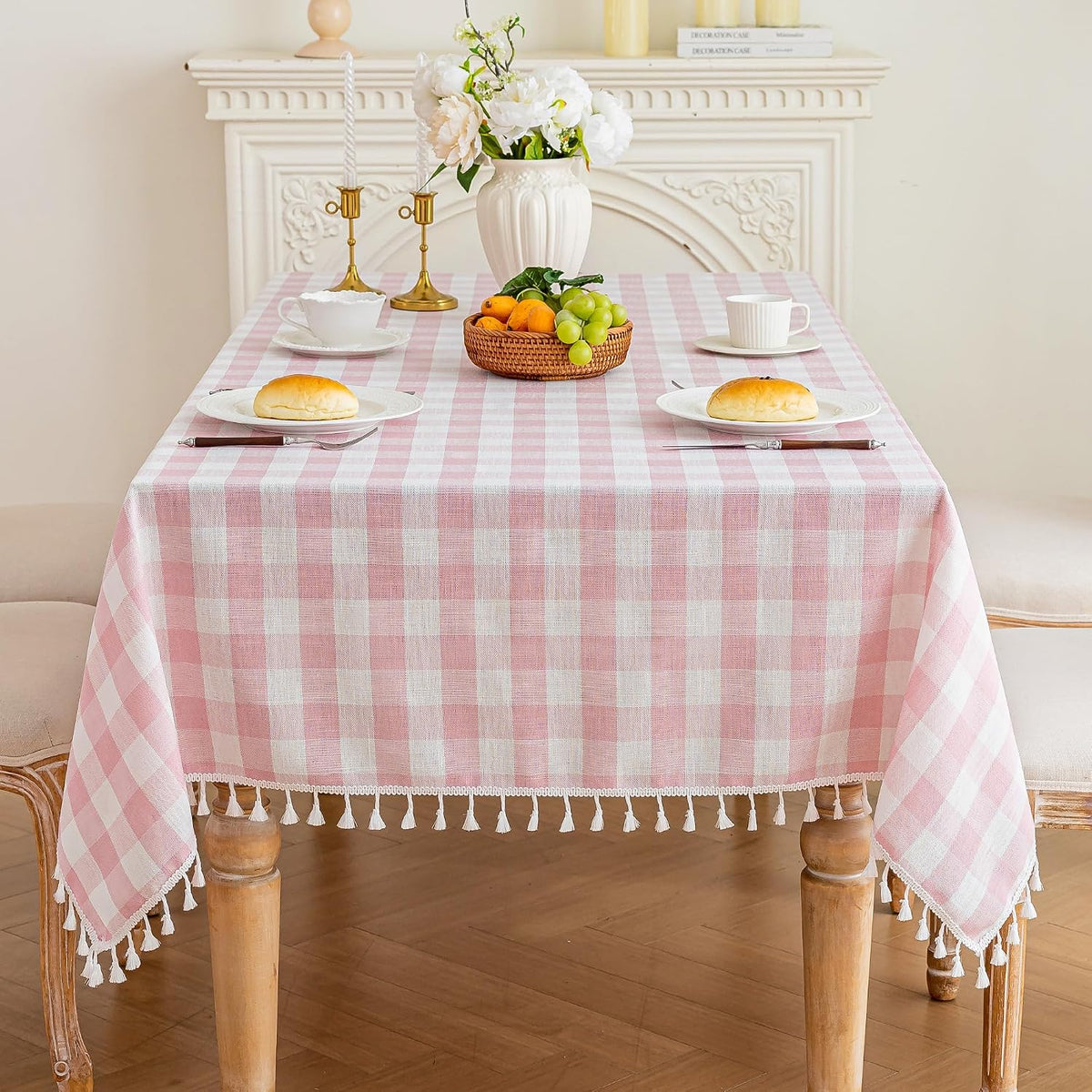 Pink Gingham Tablecloth Rectangle, Cotton Linen Plaid, 55x75 Inch
