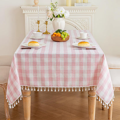 Pink Gingham Tablecloth Rectangle, Cotton Linen Plaid, 55x75 Inch