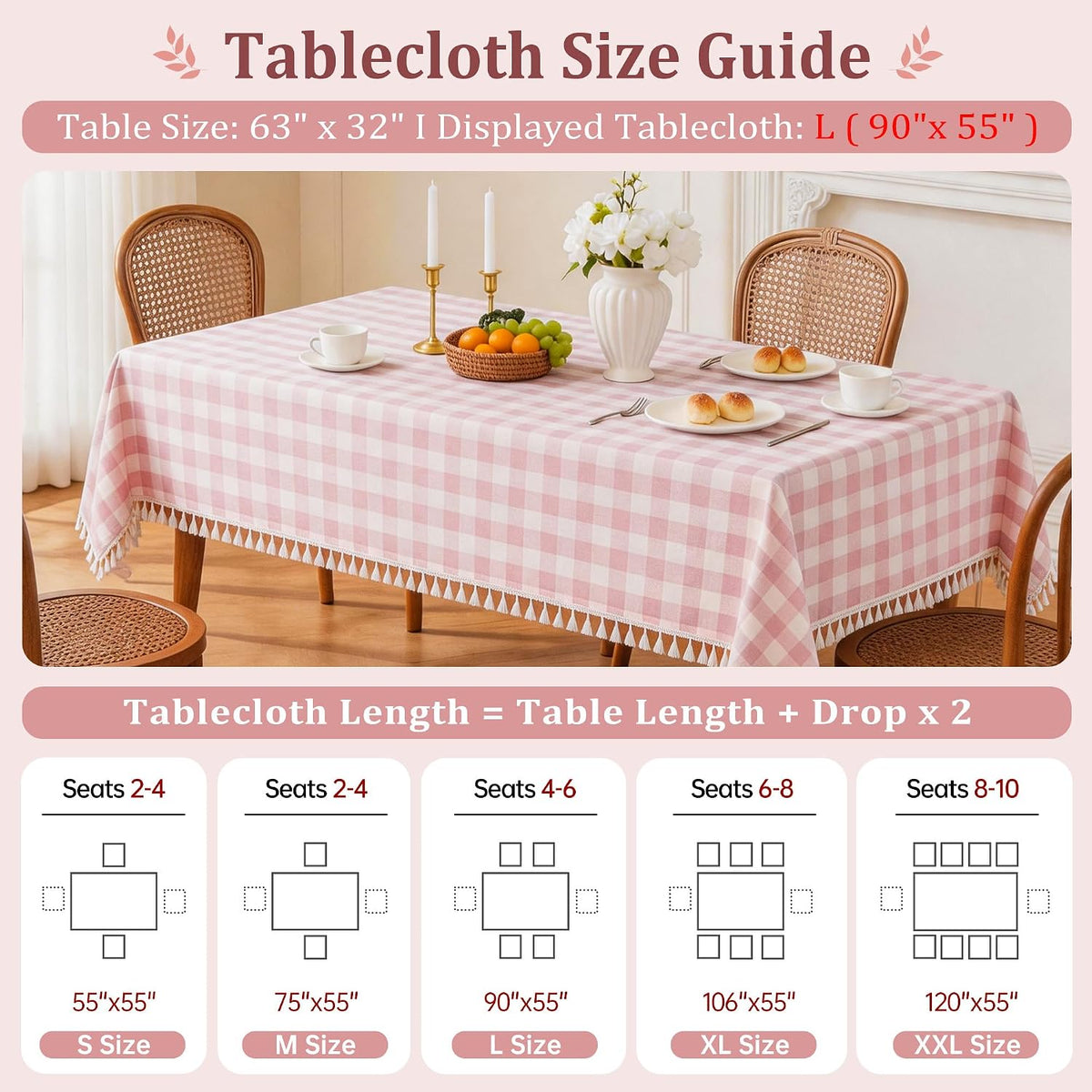 Pink Gingham Tablecloth Rectangle, Cotton Linen Plaid, 55x75 Inch