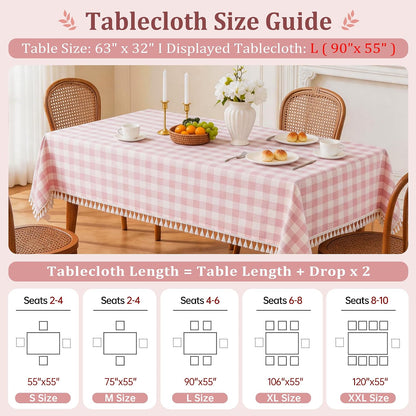 Pink Gingham Tablecloth Rectangle, Cotton Linen Plaid, 55x75 Inch