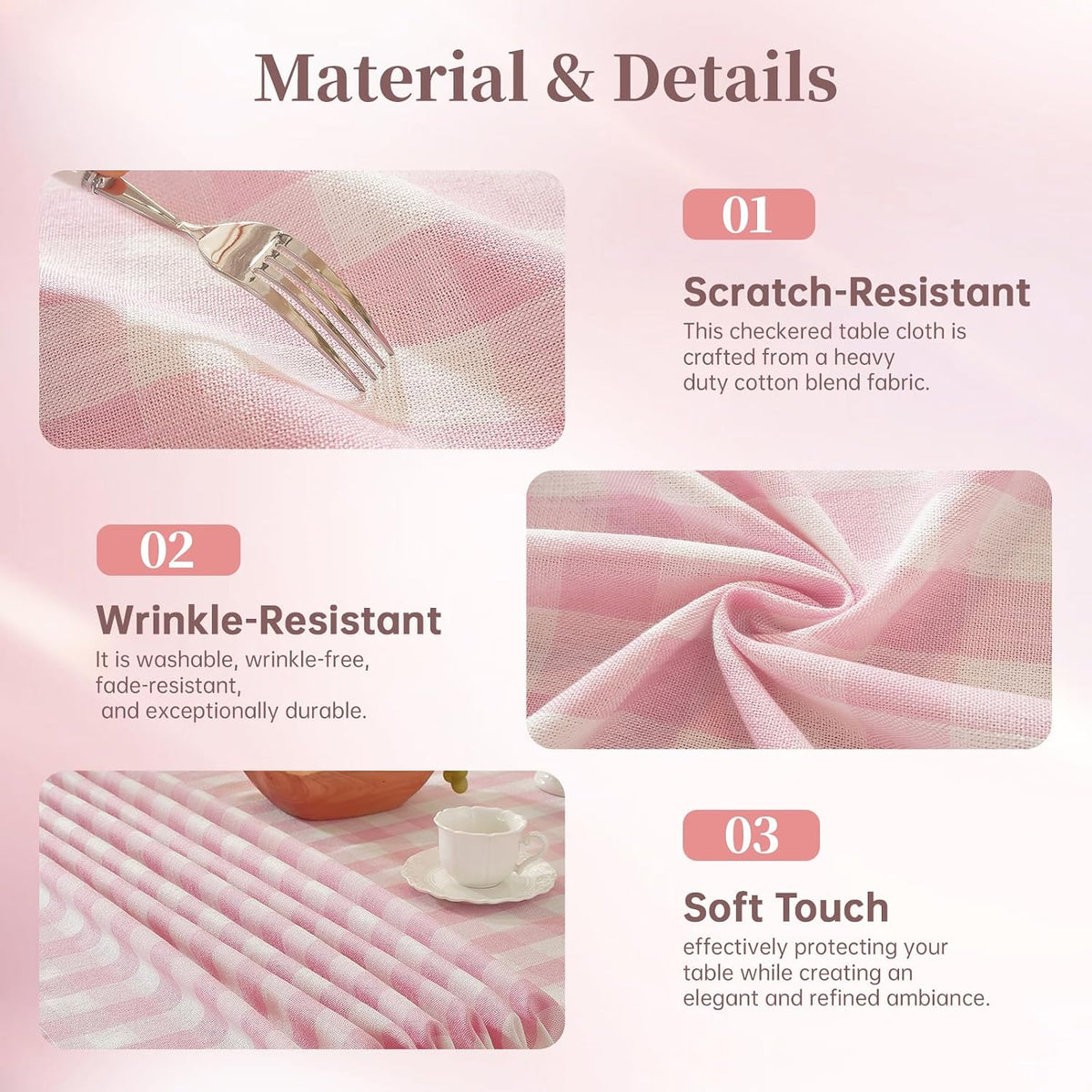 Pink Gingham Tablecloth Rectangle, Cotton Linen Plaid, 55x75 Inch
