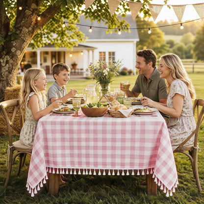 Pink Gingham Tablecloth Rectangle, Cotton Linen Plaid, 55x75 Inch