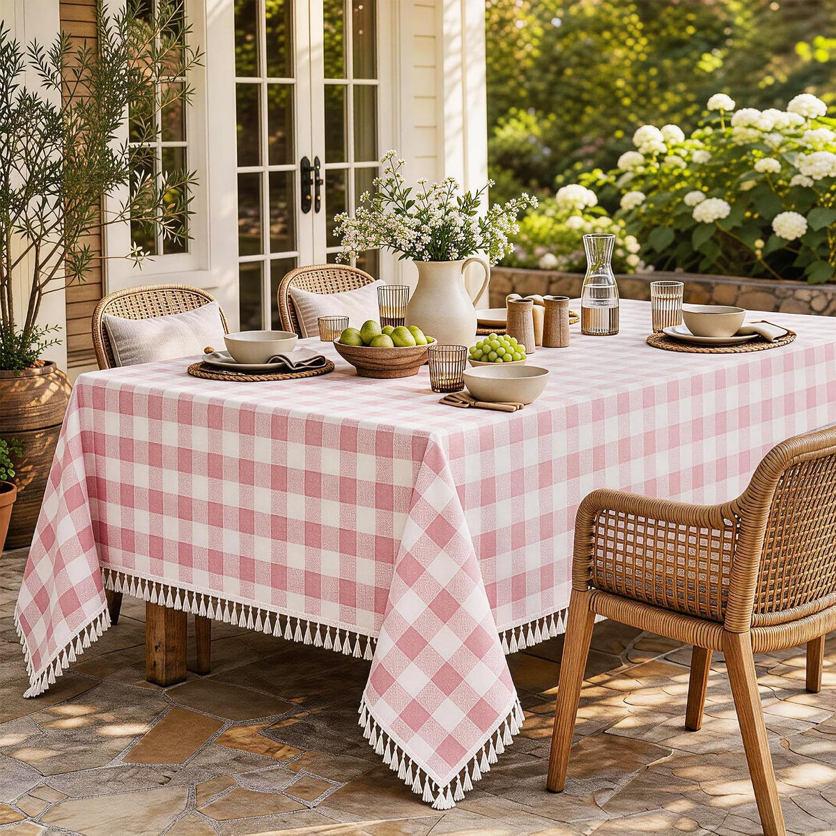 Pink Gingham Tablecloth Rectangle, Cotton Linen Plaid, 55x75 Inch