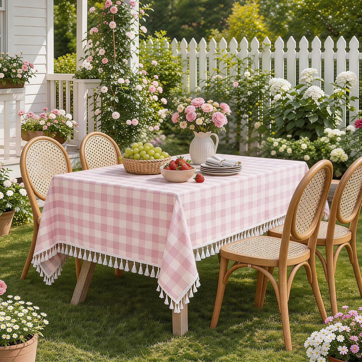 Pink Gingham Tablecloth Rectangle, Cotton Linen Plaid, 55x75 Inch