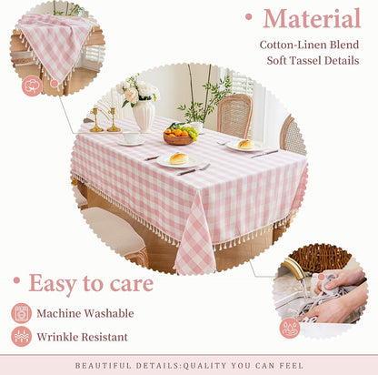 Pink Gingham Tablecloth Rectangle, Cotton Linen Plaid, 55x75 Inch
