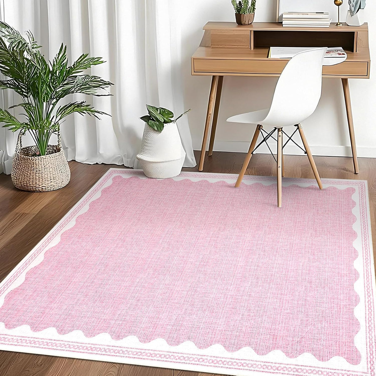 5x7 Scalloped Area Rugs Pink Washable Living Room Bedroom Rug
