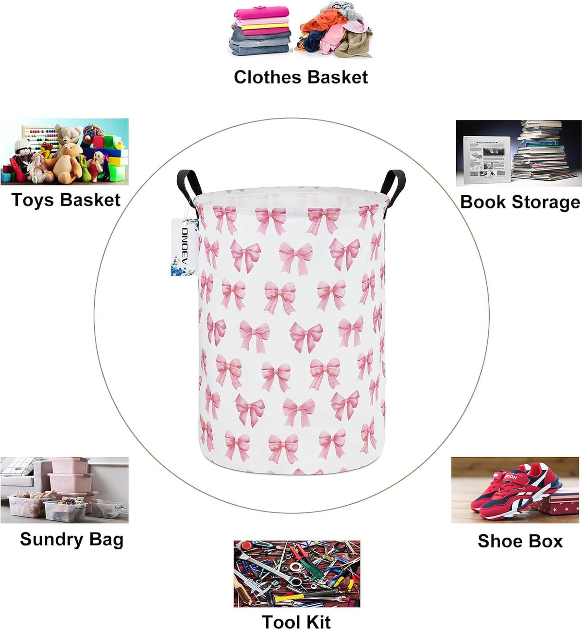Round Large Pink Bow Print Waterproof Laundry Hamper