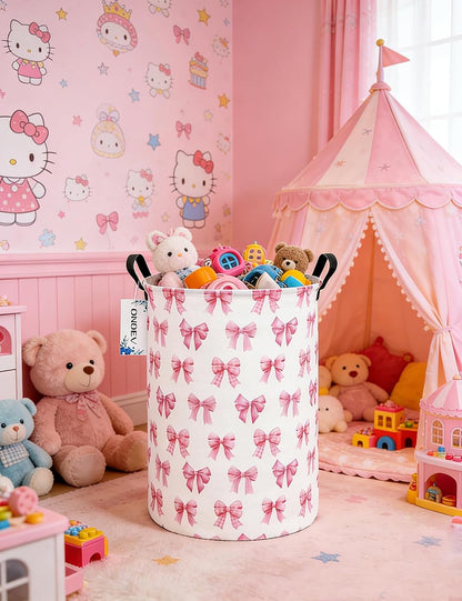 Round Large Pink Bow Print Waterproof Laundry Hamper