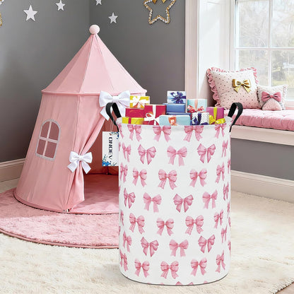 Round Large Pink Bow Print Waterproof Laundry Hamper