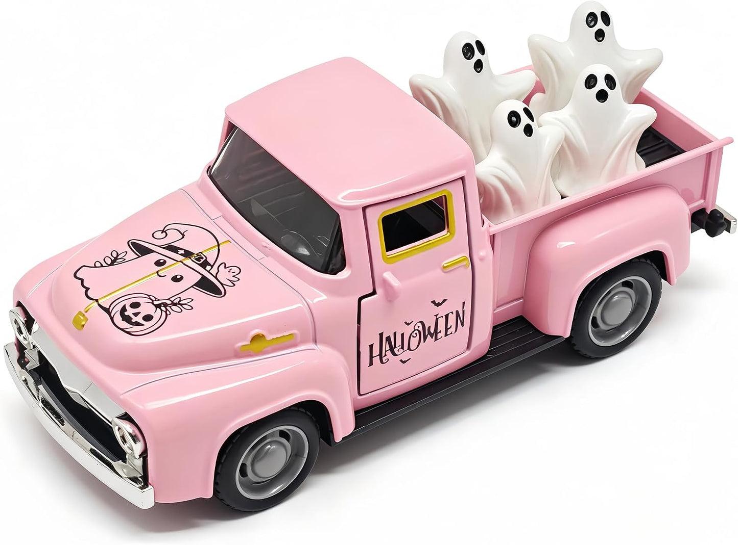 Pink Halloween Farmhouse Truck Decor with Spooky Cute Ghost Figurines