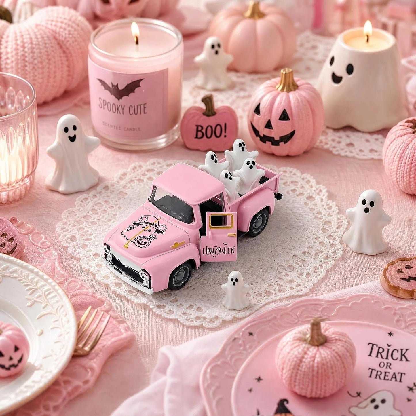 Pink Halloween Farmhouse Truck Decor with Spooky Cute Ghost Figurines
